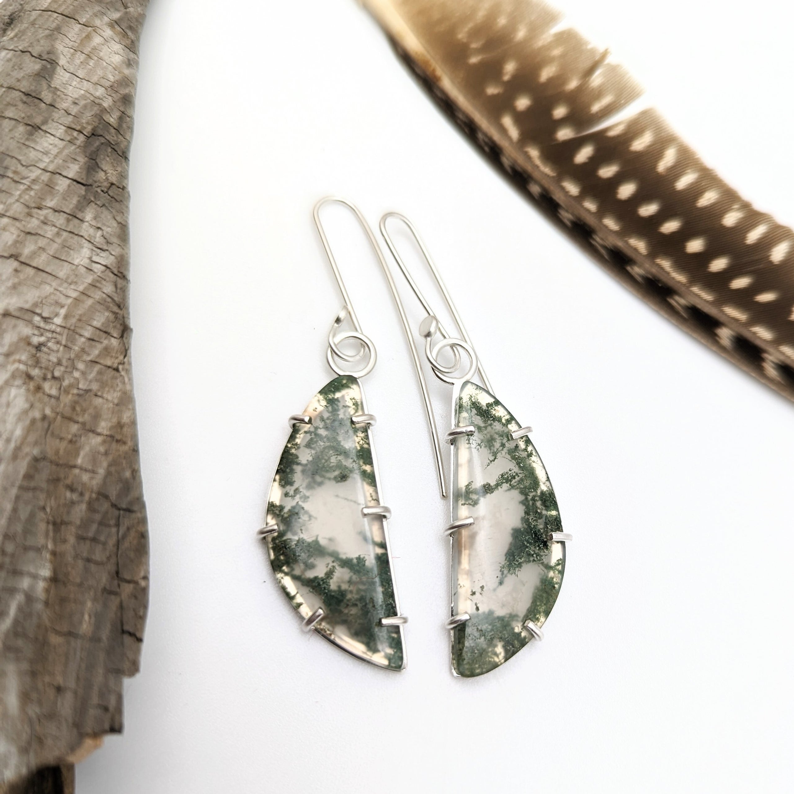 Sterling Silver online and Moss Agate Earrings with Raw Amber beads, hand textured,contemporary jewelry,made in Canada,one of a kind, mixed metals